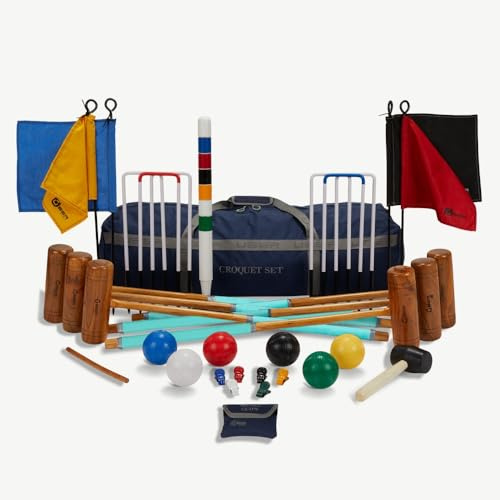 Uber Games Profi England Krocket Set für 6 Personen mit Toren aus Metall | 11mm Durchmesser, Kunststoff Kugeln, Robuste Mallets, Tasche, Topspiel