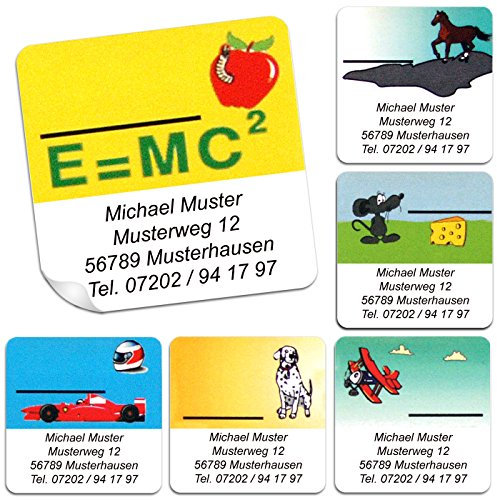 Kinder-Schul-Etiketten mit Ihrem Wunschtext, 48 Stück, ca. 40 x 40 mm, für bis zu 5 Zeilen Text, 6 verschiedene Motive