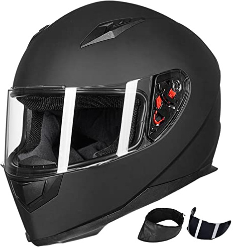 ILM Full Face Motorcycle Street Bike Helmet with Removable Winter Neck Scarf + 2 Visors DOT Model ILM-313 (M, Matte Black)