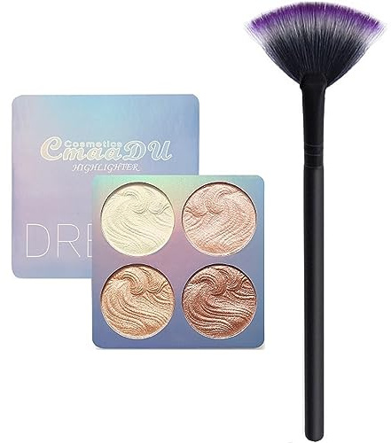 4 Colours Baked Powder Highlighter n Bronzing Palette + LyDia® Small Black Fan Cheek/Blending/Contour/Highlighter/Bronzer/Dust Makeup Brush