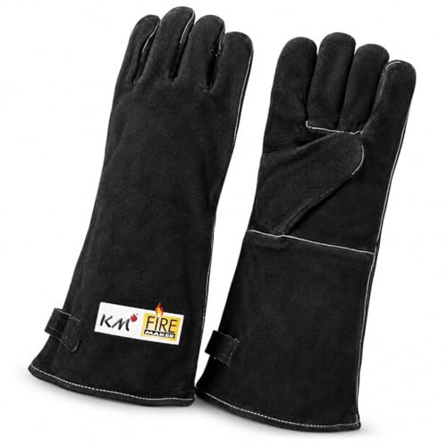 KM Firemaker Grillhandschuhe Set 100% Leder hitzebeständig, Kaminhandschuh ca. 39cm lang, feuerfeste Handschuhe, Backhandschuhe Küche Grill BBQ Ofenhandschuhe Kochhandschuh Art.429