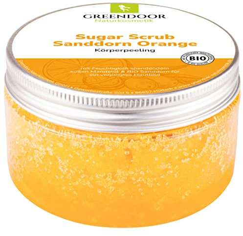 GREENDOOR Körperpeeling Sugar Scrub Sanddorn Orange 230g, Zucker Peeling ohne Farbstoffe + Bio Sanddorn, Duschpeeling ohne Mikroplastik, Hautpeeling ohne Parabene für strahlende Haut, Natur Body Scrub