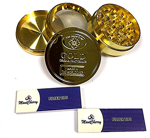 MONTCHERRY BRAND EXCLUSIVE 2 TIPS AND METAL ''GOLD BAR'' 50MM HERBS GRINDER 4 PARTS CRYSTAL CATCHER WITH DIAMOND TEETH COMBO BY TRENDZ