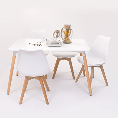 musashino LABEL Homely - Conjunto de Comedor Tower Day 120 con Mesa lacada Blanca de 120x80 cm y 4 sillas Day (Blanco)
