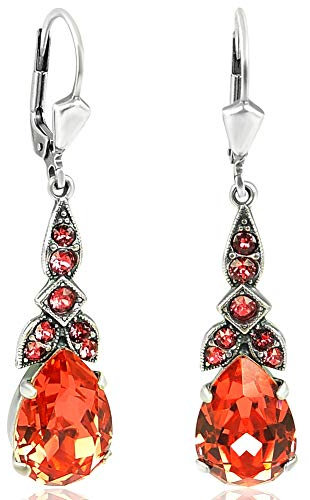 Silber Ohrringe Jugendstil Kristalle Padparadscha Korall-Rot Klappverschluss NOBEL SCHMUCK