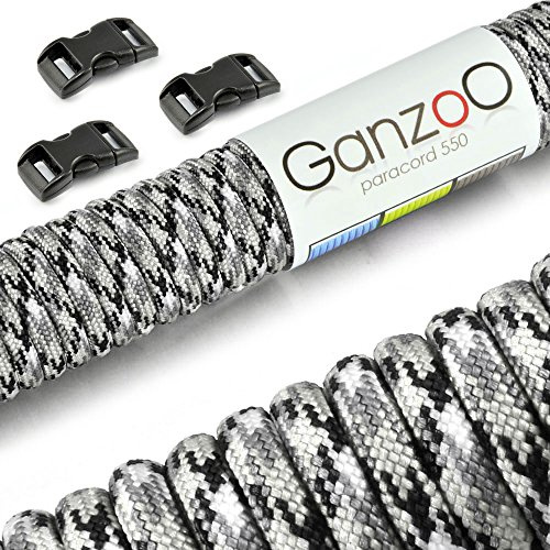 Ganzoo Set Paracord 550 Seil mit 3 x Klickverschluss 3/8“ 10mm Gurt/Schnur 4mm, Nylon - Polyester, Typ 3, 30 Meter, Outdoor-Schnur, Allzweckseil, Armband knüpfen, basteln, weiß grau schwarz