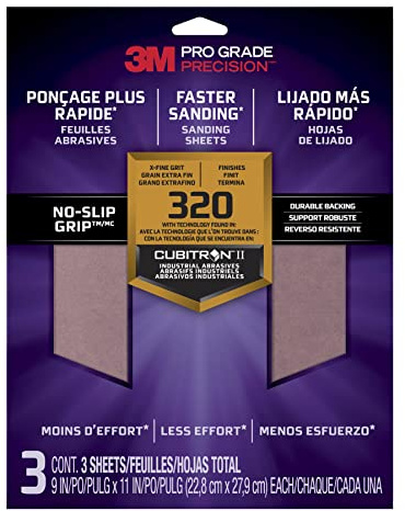 3M Pro Grade Precision Faster Sanding Sanding Sheets 320 grit X-Fine, 26320TRI-3, 22.8 cm x 27.9 cm, 3/Pack