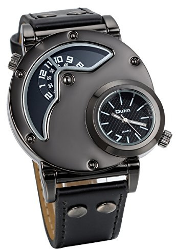 JewelryWe Orologio da Polso da Uomo, Cinturino in Pelle Nero, 2 Quadranti, Orologio Militari, Orologio Grande