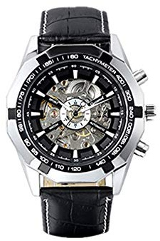 JewelryWe Armbandsur för män: Klassisk mekanisk automatisk klocka svart infattning skelett urtavla rostfritt stål steampunk klänning klocka för fars dag alla hjärtans dag födelsedag, Läderband,