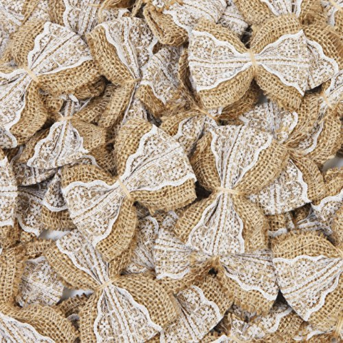 Nœuds décoratifs en toile de jute et dentelle - Blanc - Aspect rustique - Pour fête de mariage, décoration de sapin de Noël , kaki, 50pcs