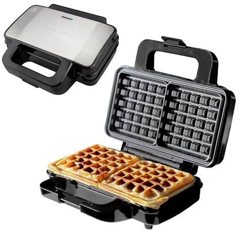 Schallen Waffler Maker | Large 2 Slice Square Non-Stick Hot Plates | Temperature Controlled Belgian Waffle Making Machine for Breakfast or Snacks | Stainless Steel | Black & Silver