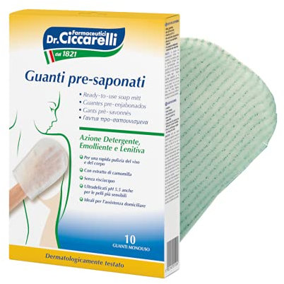 Dr Ciccarelli, Guanto Pre-saponato Monouso, Deterge Delicatamente e Rapidamente il Viso e il Corpo Senza l'Uso dell'Acqua, Dermatologicamente Testato, 100% Made in Italy, 10 Pezzi