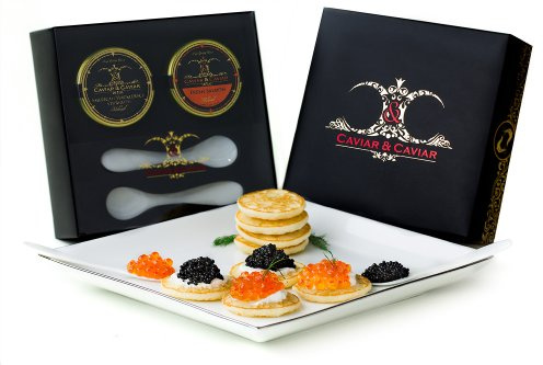 GUARANTEED FRESH! C&C American Gourmet Luxury Caviar Gift Basket - 1oz Premium Sturgeon - 1oz Fresh Alaskan Salmon Keta Roe *FREE 2 Spoons*