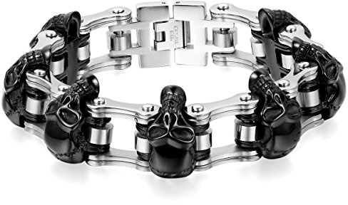 JewelryWe Herren Armband Edelstahl, Gotik Totenkopf Schädel Fahrradkette Biker Link Breite Schwere Motorradkette Gold Schwarz Silber