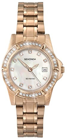 Sekonda Sienna Womens Watch – 28mm Ladies Watch with Stone Set Bezel, Date Window and Rose Gold-Tone Stainless Steel Bracelet – 50m Water Resistant – 2 Year Warranty