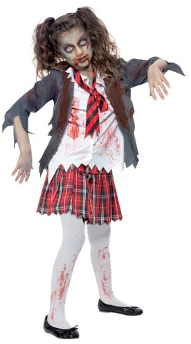 Smiffys Costume Scolara zombie, grigio, con gonna, giacca, camicia finta e cravatta