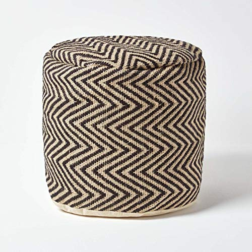 Homescapes Runder Sitzpouf schwarz-Natur, Jute Pouf Hocker Ethno Style 40x45 cm, Sitzsack-Hocker rund mit Zickzack-Muster