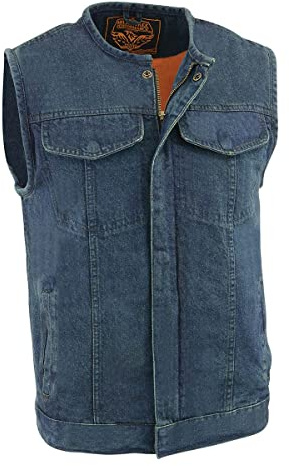 Milwaukee Leather MDM3001 Men's 'Covert' Blue Denim Collarless Club Style Motorcycle Biker Vest w/Dual Closure - Large