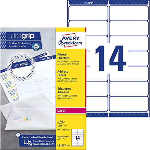 Avery L7163-100 Adressetiketter, 99,1 x 38,1 mm, 1.400 Etiketter, Vit