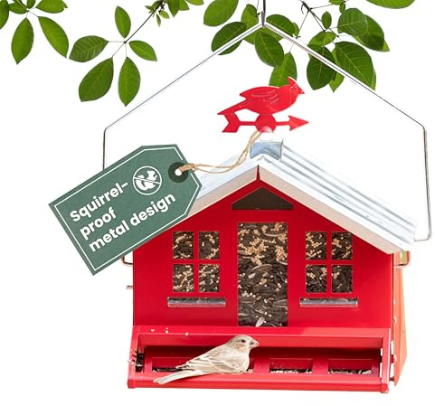 Perky-Pet Squirrel-Be-Gone II Country House Bird Feeder with Weathervane - 8 lb Seed Capacity - Squirrel Proof Wild Bird Feeder for Outdoors - Durable Construction - Rustic Outdoor Decor - 338, Red