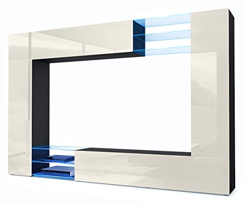 Vladon Wohnwand Mirage, Made in Germany, Anbauwand mit Rückwand mit 2 Türen, 2 Klappen und 6 offenen Glasablagen, Schwarz matt/Creme Hochglanz, inkl. LED-Beleuchtung (262 x 183 x 39 cm)