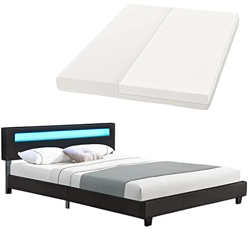 Juskys Polsterbett Paris 160x200 cm mit LED Beleuchtung, Matratze, Lattenrost & Kopfteil - Kunstleder & Holz - schwarz - Bett Gästebett Bettgestell