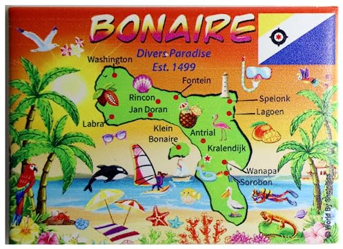 World By Shotglass Kühlschrankmagnet, Motiv: Bonaire Map Karibik, Souvenir, 6,4 x 8,9 cm