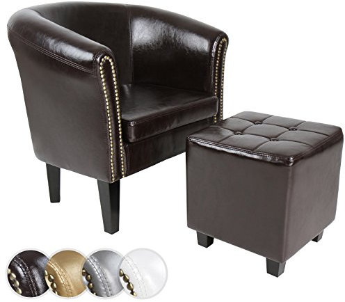 MIADOMODO® Chesterfield Sessel mit Hocker - aus Holz und Kunstleder, Kupfernieten, Farbwahl - Loungesessel inkl. Sitzhocker, Clubsessel, Armsessel, Cocktailsessel, Wohnzimmer Möbel (Braun)