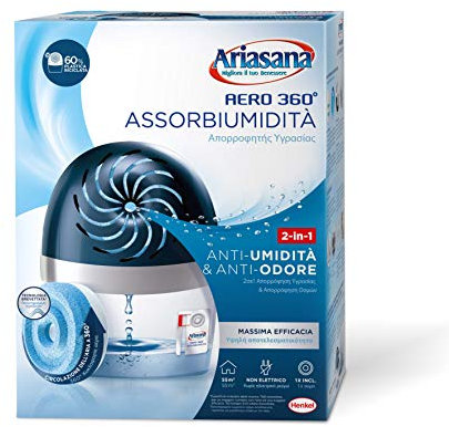 Ariasana Aero 360° kit Assorbiumidità in Plastica Riciclata, Deumidificatore non Elettrico e Riciclabile, Assorbi Umidità contro Condensa e Muffa, 1 Dispositivo e 1 Ricarica TAB da 450 g