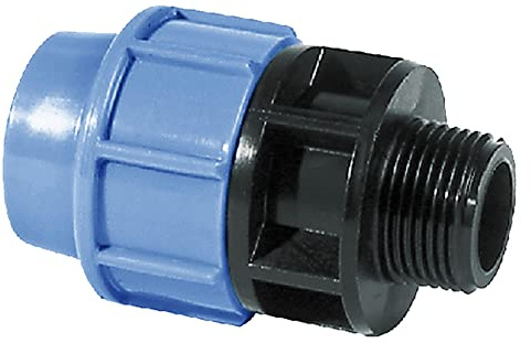 Racor macho de polipropileno PN16. A Compresión, conforme al vigenti normative uni-iso-din-afnor y alle Norme para convogliamento de agua potable y líquidos alimentos.