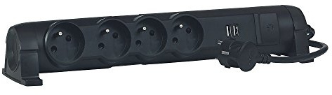 Legrand 050391 Rallonge MultiPrise 4 Prises, 2 Modules de Charge USB 2.4A, Courant 2P+T, 16A, 230V, Noir