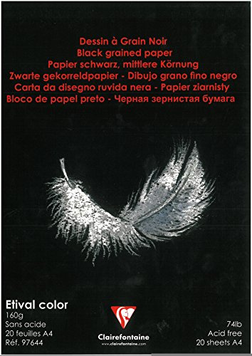 Clairefontaine - Ref 97644C - Etival färg svartkornigt limmat pappersblock (20 pappersark) - A4 (29,7 x 21 cm) - 160 gsm cellulosa konstpapper, kornig textur
