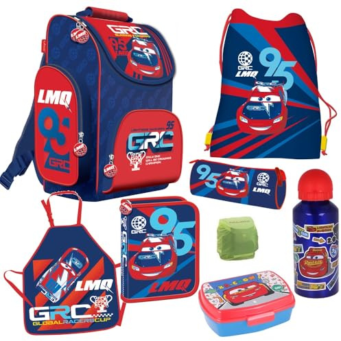 Familando - Schulranzen Set - 8-teilig mit Lunch-Set - Disney Cars - Ergonomisch, stabil & mit gepolstertem Rücken - 1010g leicht - 15L Volumen - Mit Reflektoren - Für Grundschule ab 1. Klasse