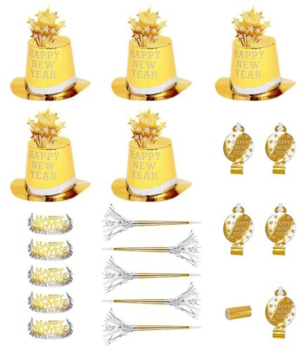 Widmann 8001E- Party-Set Happy New Year, Gold, Set aus 5 Partyhüten, 5 Kronen, 5 Partytrompeten, 5 Tröten und 1 Pack Luftschlangen, Silvester, Hut, Kopfschmuck, Accessoire, Mottoparty