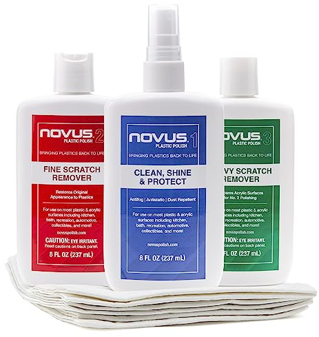 NOVUS-PK1-8 | Plastic Clean & Shine #1, Fine Scratch Remover #2, Heavy Scratch Remover #3 and Polish Mates Pack | 8 Ounce Bottles