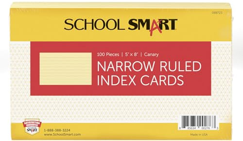 School Smart Ruled Index Cards, 5 x 8 Inches, Canary, Pack of 100