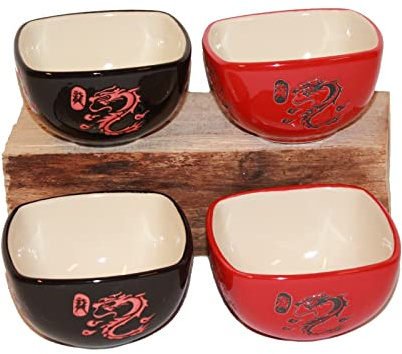 AAF Nommel®, Reisschale eckig Dessert Suppenschale Servierschale aus Porzellan im 4 er Set 029 schwarz rot