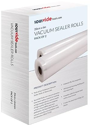 SousVideTools Vacuum Sealer Rolls Pack of 2 20cm x 600cm Embossed Plastic Food Storage Sous Vide Cooking, Boiling, Freezing & Microwaving BPA & PFA Free [Energy Class A++]