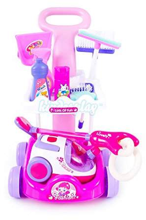 Putzwagen & Staubsauger für Kinder mit Saugfunktion – Reinigungswagen Spielzeug Set ab 3 Jahre – Kinderstaubsauger mit echter Saugleistung & Zubehör – Spielset KP2873 PINK