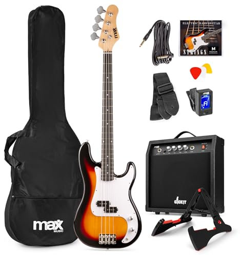 MAX GigKit Bassgitarre Set, E Bass Gitarre, Bass Guitar mit Gitarrenverstärker, Tasche, Stimmgerät, Plektren, Ständer, Gurt, Kabel und Ersatzsaiten - 21 Bünde - Sunburst