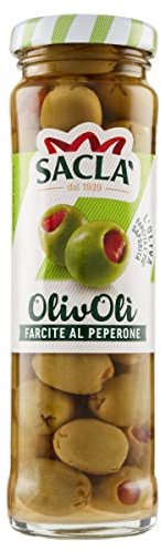 Saclà, OlivOlì, Olive Verdi Farcite al Peperone, Ideali per Aperitivo e Insalate, Vaso Vetro, 140g (80g sgocciolato), Confezione da 15 pezzi
