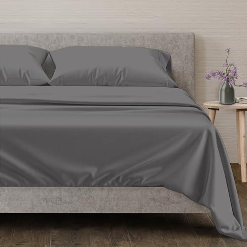 Mayfair Linen 100% Egyptian Cotton Queen Size Sheet Set - 4 PC 600 Thread Count Egyptian Cotton Sheets Set for Queen Size Bed (Dark Grey), Soft, Cooling, Luxury Hotel 16 Deep Pocket Sateen Bedsheet