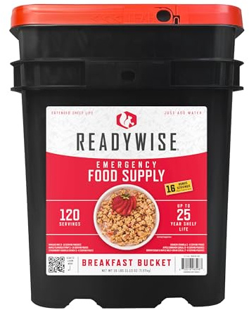 ReadyWise Emergency Food Supply - 120 Servings Breakfast Bucket, Freeze Dried & Dehydrated Meals, Survival Food Kit for Backpacking, Camping Essentials & Prepping Supplies, up to 25 Year Shelf Life