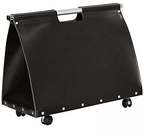 Kamin Holzkorb regeneriertes Leder schwarz mit Rollen 52x45x38 cm