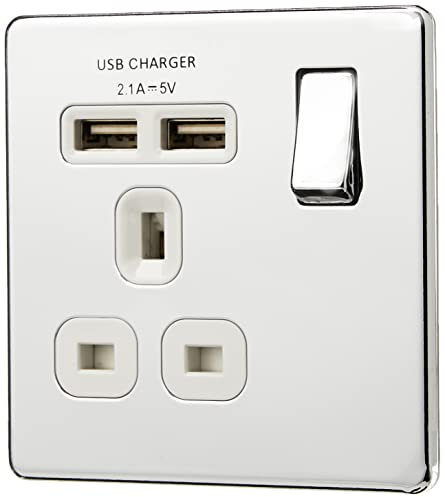 BG Electrical fpc21u2w 2.1 A Masterplug Single Socket with 2 x USB, Polished Chrome White Insert
