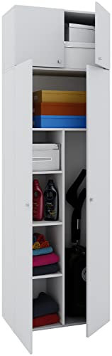 VCM Besenschrank | 6 Fächer | Maße B. 70 x H. 238 x T. 40 cm | Haushaltsschrank | Mehrzweckschrank | Aufsatz mit Zwei Türen - Vandol Weiß