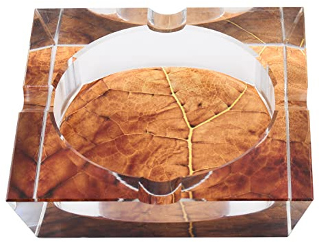 Tobacco Leaf Print Crystal Cigar Ashtray, For 4 Cigars, 3D Leaf Design, Custom Gift Box