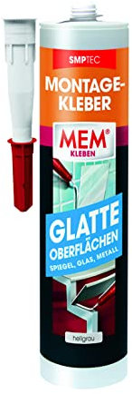 MEM Montage-Kleber Glatte Oberflächen, Innen- und Außenbereich, Wasser- und UV-beständig, Lösemittelfrei, Korrigierbar und hochflexibel, 390 g-Kartusche, Hellgrau