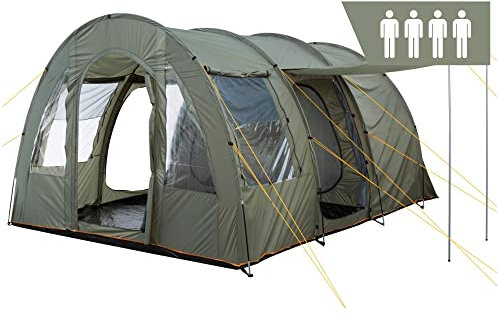 CampFeuer Zelt TunnelX für 4 Personen | Olivgrün | Tunnelzelt mit 3 Eingängen, 5000 mm Wassersäule | Vernähte Bodenplane, Moskitonetz, Sichtschutz | Gruppenzelt, Campingzelt, Familienzelt