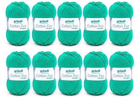 Gründl Cotton Fun stickgarn/virkgarn (mjukt garn tillverkat av 100% bomull, OEKO-TEX certifierad, 50 g/115 m, nåltjocklek: 3–4, 10 nystan á 50 g), gräsgrön, 27,00 x 11,00 x 07,00 cm
